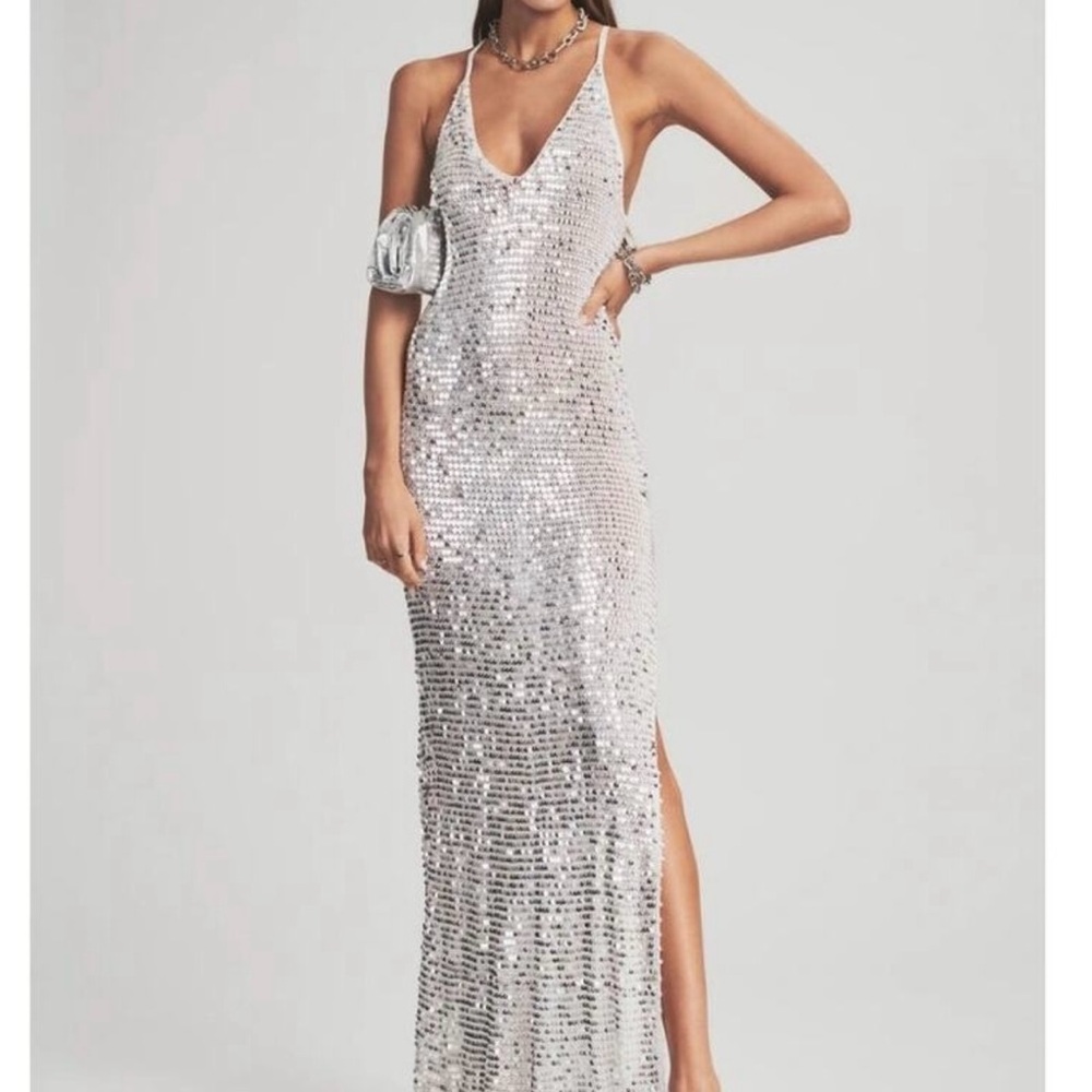 NWT Retrofete Silver Sequin Halter Gown with Slit